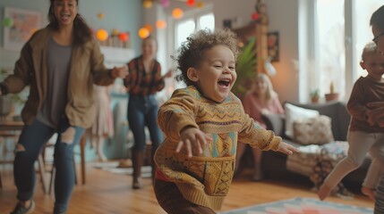 Candid, laughter-filled living room dance party with non-traditional family celebrating Parent's Day, showcasing diverse family dynamics and joyous moments.