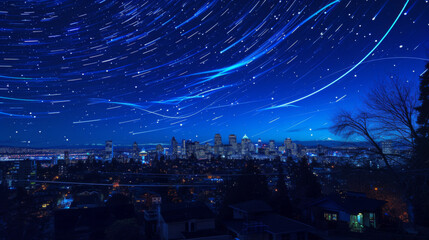 Blue line movement in the night sky of city.
