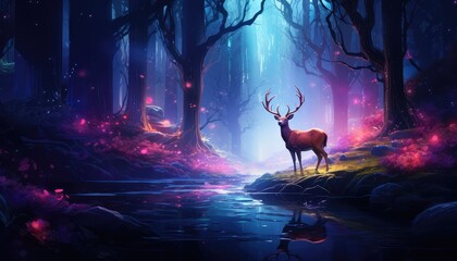 Fantasy forest with deer in the mist.