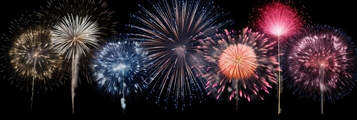 Fototapeta premium Firework explosions isolated on black background, 
