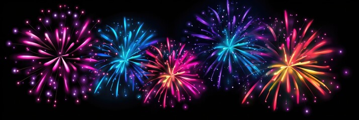 Fireworks in neon style. Black background. 