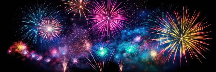 Fototapeta premium Fireworks neon bright backlight black background