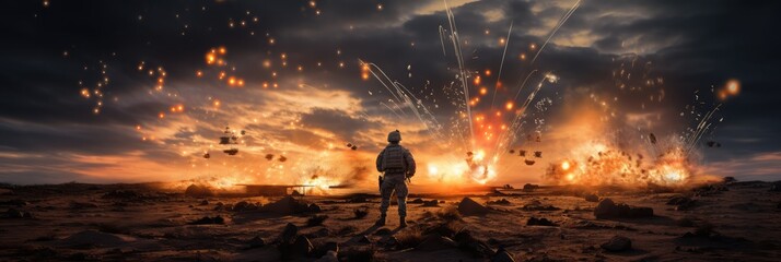 In a battlefield full of military atmosphere, a gunner is operating shells, beacon fire everywhere,  - obrazy, fototapety, plakaty