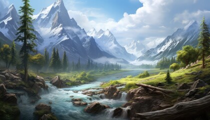 Naklejka na ściany i meble Fantastic mountain landscape with river and snow-capped peaks