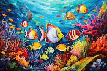 Underwater scene with coral reef and tropical fishes. Vector illustration.