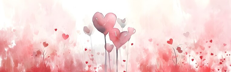Valentine's Day heart background. Panoramic web header with copy space. Wide screen wallpaperwatercolor style.