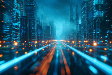 A futuristic city with lights lit up on the cityscape.