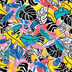 Fototapeta na wymiar Tropical leaf doodles cartoon repeat pattern, vibrant floral retro line art jungle palm leaf striped repetitive boho trendy pattern