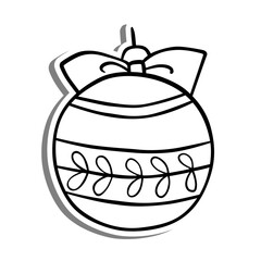Little Leaves Xmas Ball Outline on white silhouette and gray shadow. Hand drawn cartoon style. Vector illustration for decorate and any design.