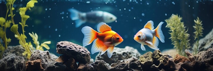 Two goldfishes in the fish tank are swimming neatly at the bottom of the pool near the stones at the bottom of the tank, 