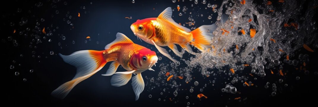 Two golden koi playing below the water, perfect light, octane rendering, real photo, crystal clear water,