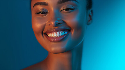 african woman model flashing a bright smile white teeth contrasting against the deep blue background