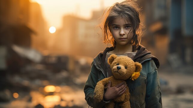 She is holding a withered yellow flower in her one hand and a torn, shabby teddy bear on the other hand.