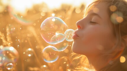 bubbles floating in the air with a woman blowing soap bubble in a summer