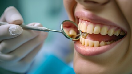 close up of a patient open mouth dentist holding a mirror to examine dental check up