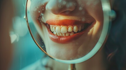 healthy smile woman reflecting in a mirror with perfect white teeth and lipstick - obrazy, fototapety, plakaty