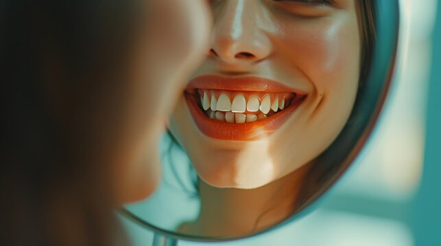 professional dental Care woman smile into a mirror with perfect white teeth regular check ups