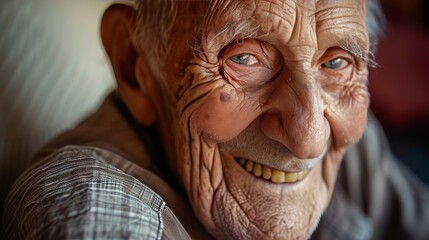 close up of old man smiling with yellow teeth Dental Care beauty of aging - obrazy, fototapety, plakaty