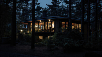 Serene Woods at Night: House View from Afar
