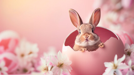 Naklejka na ściany i meble Easter celebration, a fluffy bunny nestled among multicolored eggs with festive patterns.