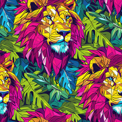 Lion line art pop art cartoon colorful repeat pattern, vibrant bright party funky kawaii