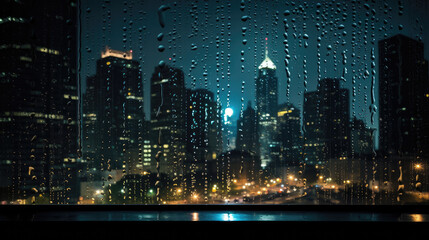 Rainy Night Cityscape: View Through a Window with Raindrops
