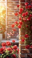 Fototapeta na wymiar Floral Elegance: Wooden Floor and Brick Wall Floral Photo Backdrop 