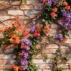 Fototapeta na wymiar Floral Elegance: Wooden Floor and Brick Wall Floral Photo Backdrop 