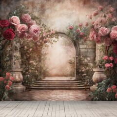 
Floral Elegance: Wooden Floor and Brick Wall Floral Photo Backdrop
