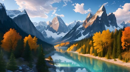 The oil painting style Natural Landscape of Mountains, forest and rivers.