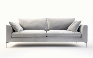 Grey sofa with pillows isolated on white. Grey velvet sofa on wooden legs on white background
