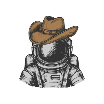 Hand-drawn Astronaut Vector Illustration. Half Body Astronaut Wearing Cowboy Hat