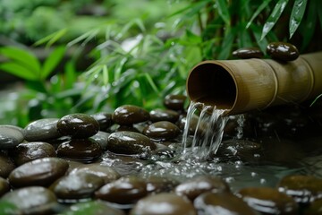 Bamboo Water Feature in a Lush Zen Garden