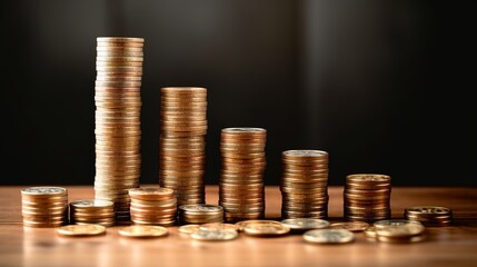 Stacks of coins on wooden table and dark background, business invesment concept.