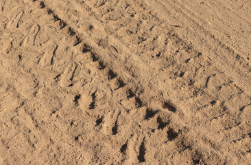 Wheel tracks on the soil. Tire tracks on the ground. Soil texture background. Ground. Soil closeup and high detail. Ground surface