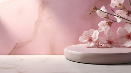 Background for cosmetic products of natural pink color. Stone podium with white flowers. Front view., generative ai
