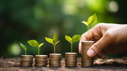 Investment background for financial growth and passive income, plant growing from stack of coins.