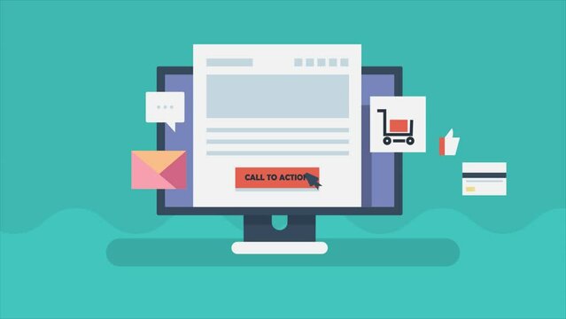 Call to action button on landing page, Conversion page optimization, call to action button on landing page foe message, email, shop, checkout. 4K animation video clip.