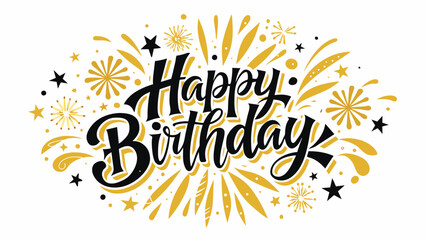 A vector art of Golden Fireworks with Happy Birthday text