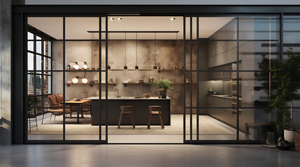 An image of an urban apartment with steel-framed sliding doors. - obrazy, fototapety, plakaty