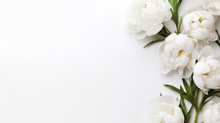 Beautiful white peonies on white background with copy space, generative ai, 