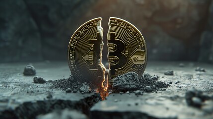 Split bitcoin coin on a dusty surface, symbolizing the Bitcoin Halving Concept. - obrazy, fototapety, plakaty
