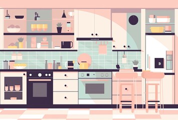 Kitchen interior flat vector illustration style.