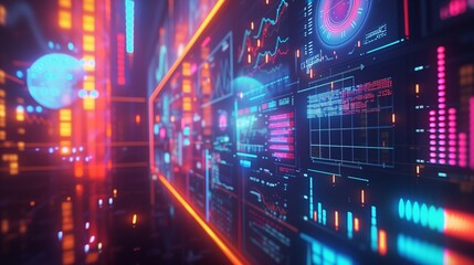 Data science and analytics concept. A neon led colored digital technology overlay or background. Futuristic hub interface concept. cyberpunk open space service office space interior blurred