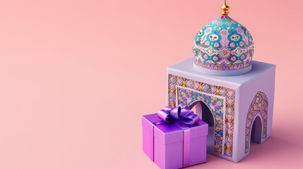 purple gift box with a white ribbon is placed in front of the mosque, suggesting a theme of celebration or gifting