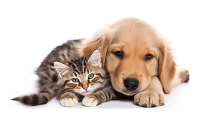 Obraz premium Cute kitty and puppy cuddling together isolated on white background, Generative Ai