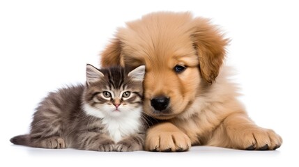 Obraz premium Cute kitty and puppy cuddling together isolated on white background, Generative Ai