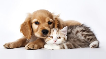 Cute kitty and puppy cuddling together isolated on white background, Generative Ai