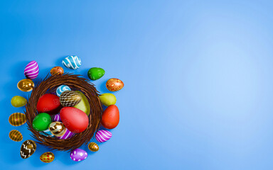 Easter eggs in a circular nest made of grass or straw on a bright blue background. Summer holiday season. Find eggs. Coloring. 3D Rendering.