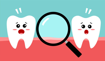 Missing tooth concept cute cartoon character. Looking for a tooth with a magnifying glass . - obrazy, fototapety, plakaty